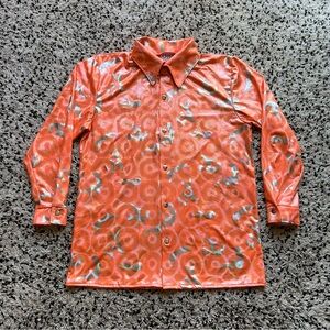 Charades Disco Shirt Orange Metallic Swirl Costume Long Sleeve Button Up Medium